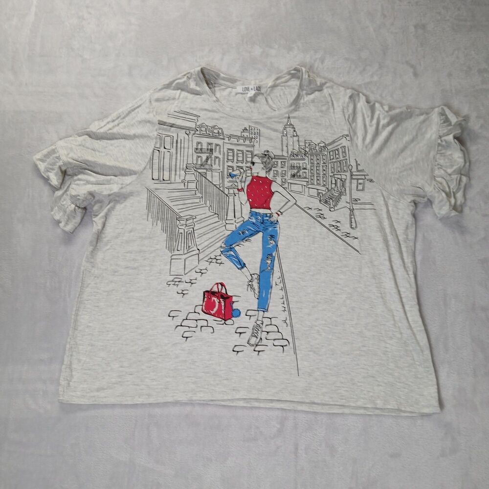 Love + Lace Women's 2X Bedazzled Graphic Top W/ Ruffled Sleeves